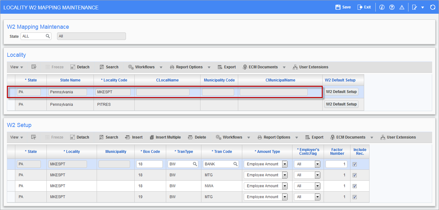 Screenshot of Locality W2 Mapping Maintenance.