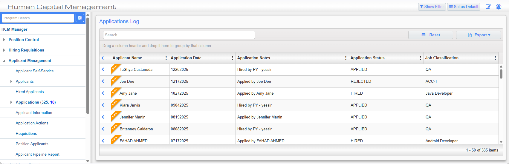Screenshot of Applications log.