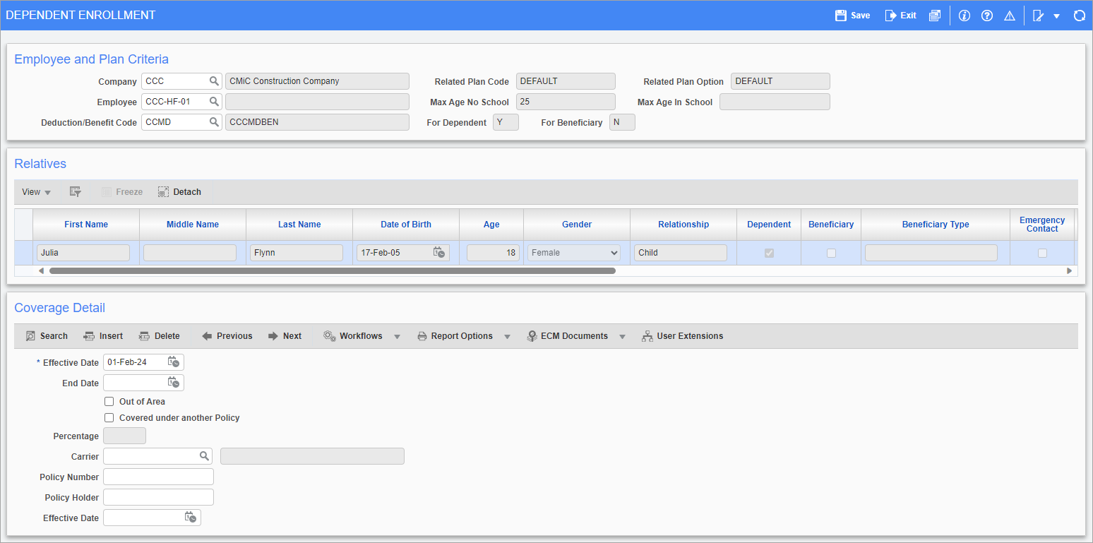 Screenshot of Dependent Enrolment