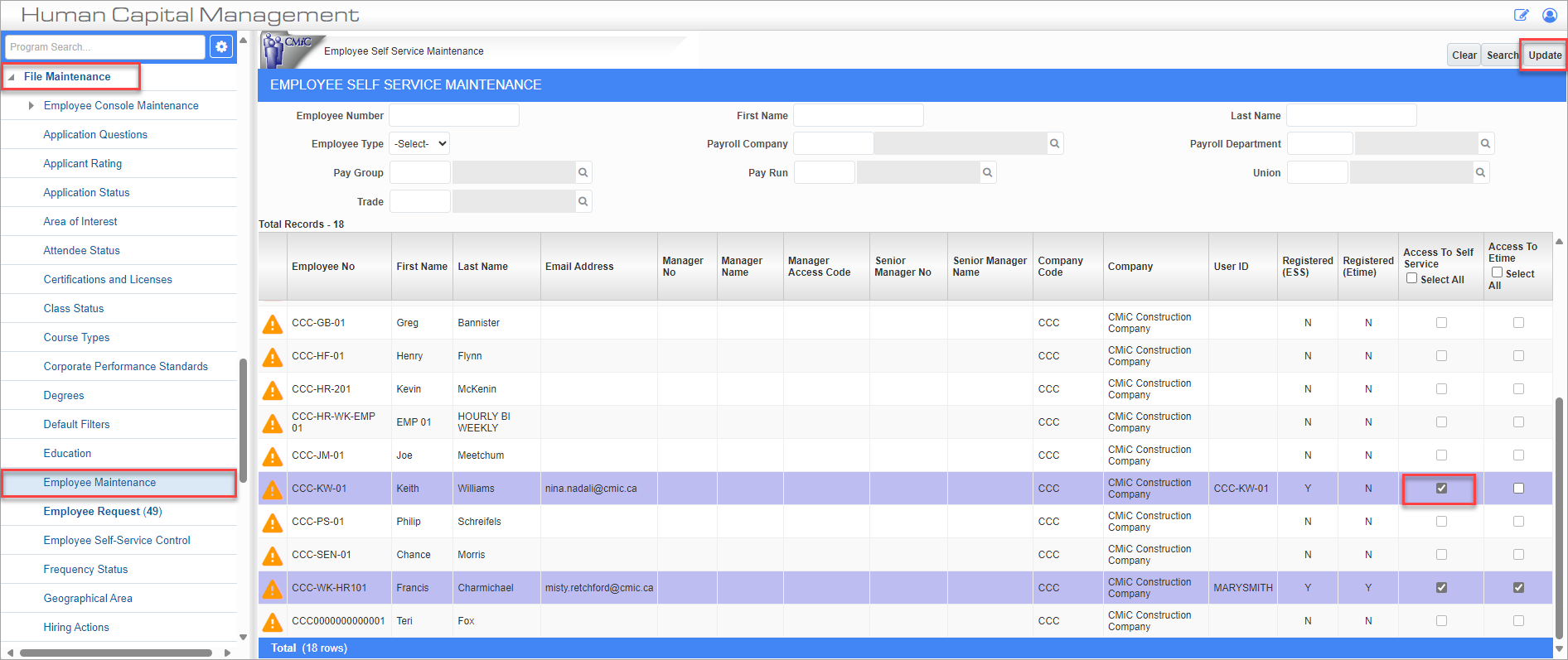 Screenshot of Employee Self-Service Maintenance