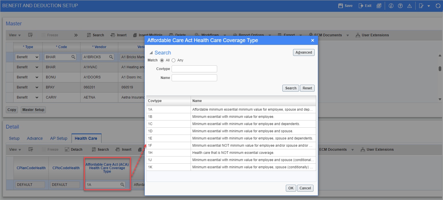 Screenshot of Benefit and Deduction Setup Health Care Tab