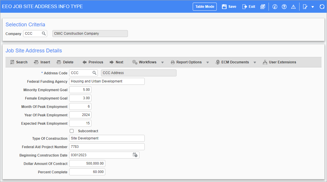 Screenshot of EEO Job Site Address Info Type