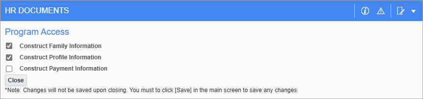 Screenshot of Program Access pop-up.