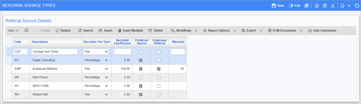 Screenshot of Referral Source Types