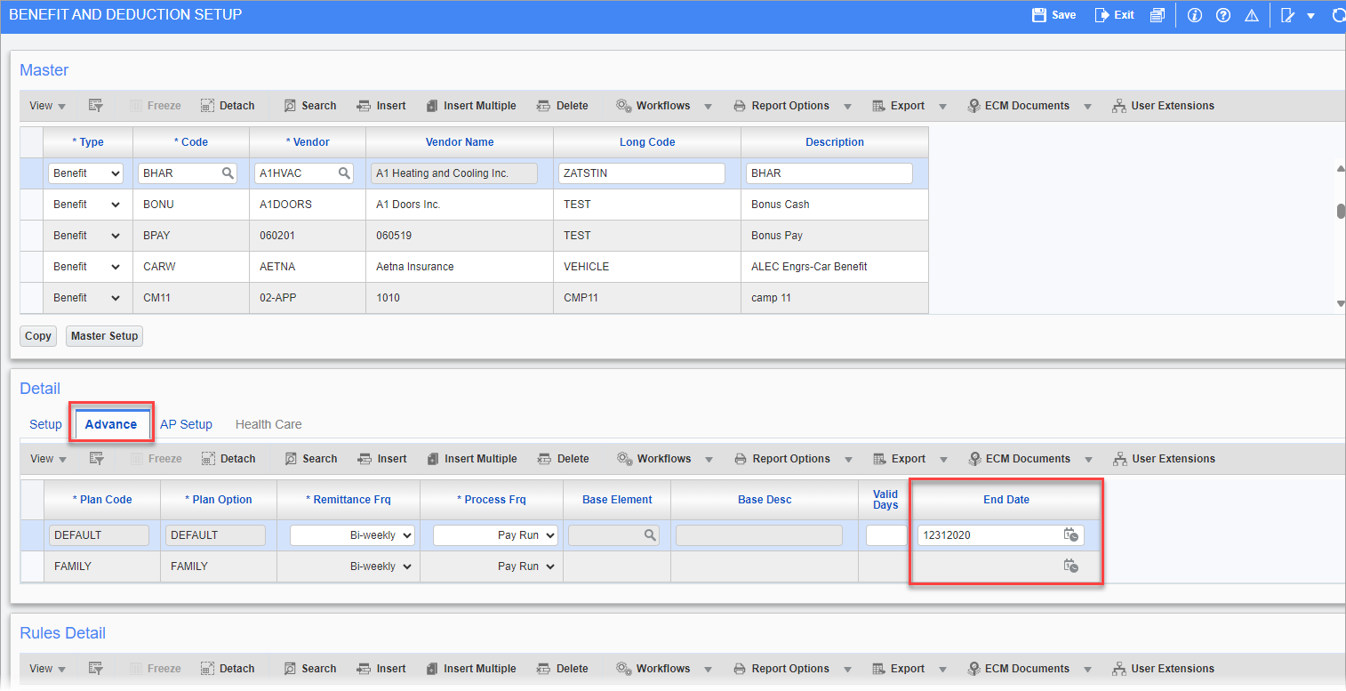 Screenshot of Benefit and Deduction with Advance tab.