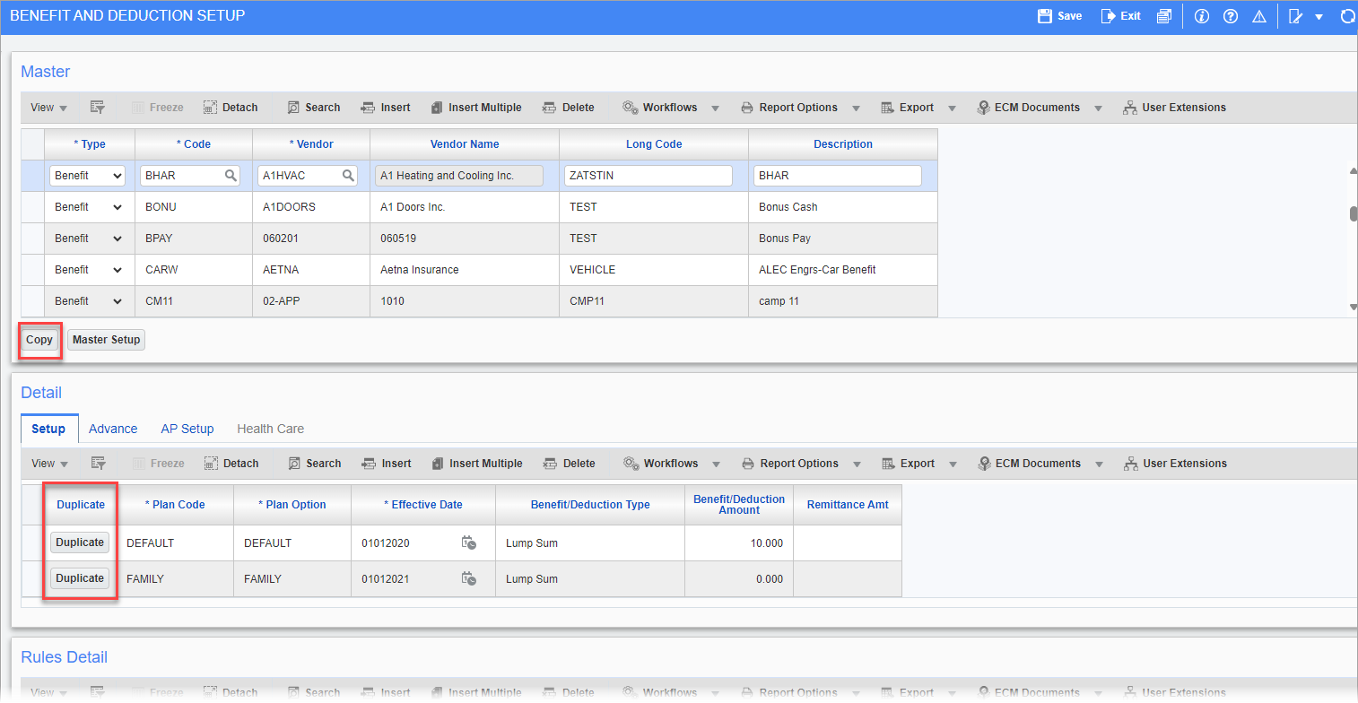 Screenshot of Benefit and Deduction Setup - Setup tab