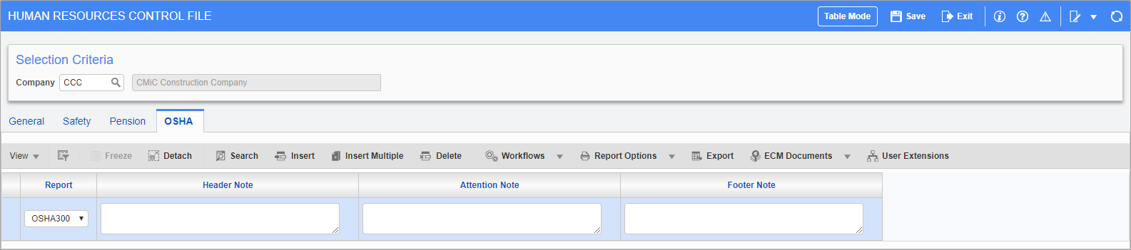 Screenshot of OSHA tab