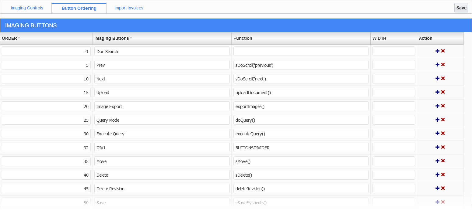 Sample of the Button Ordering Tab in Imaging Control