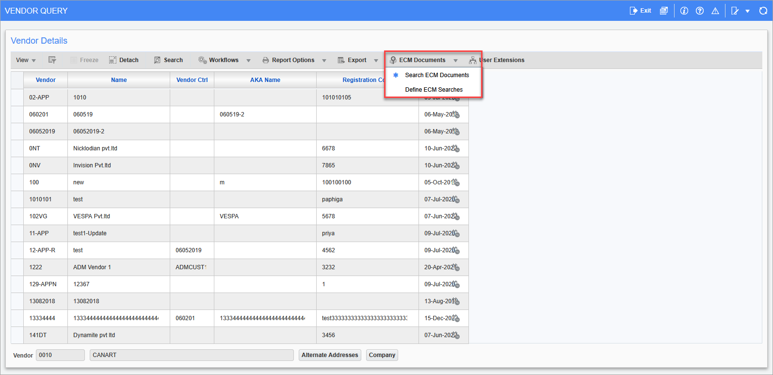 Sample of the [ECM Documents] button on the AP Vendor Query screen