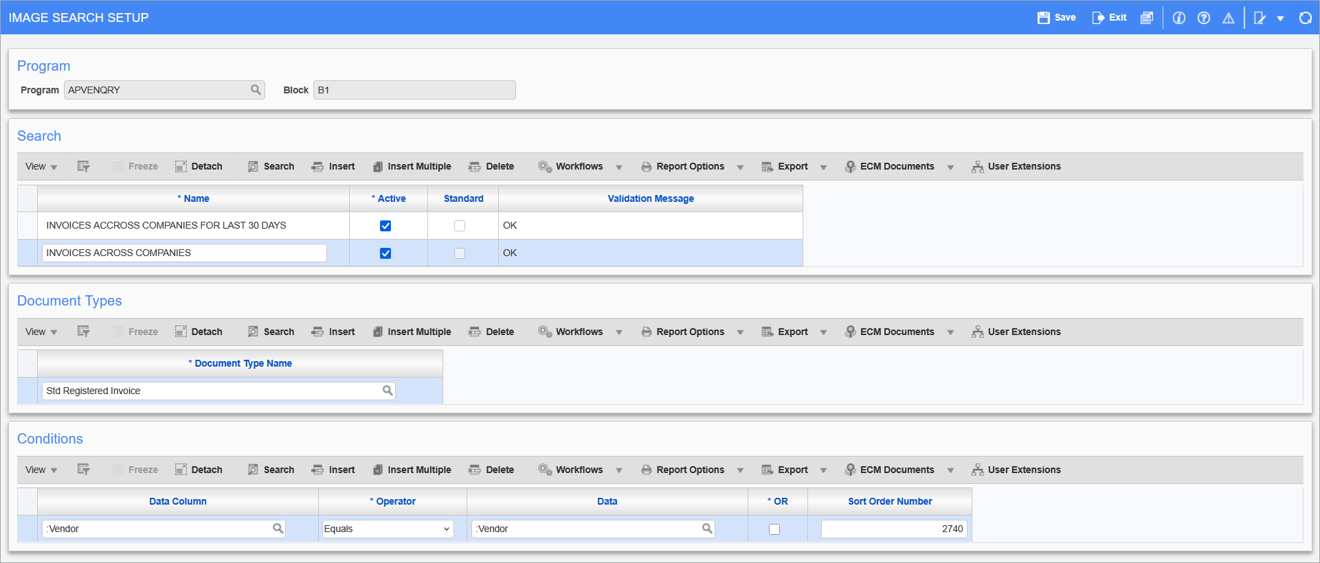 Sample of the Image Search Setup screen