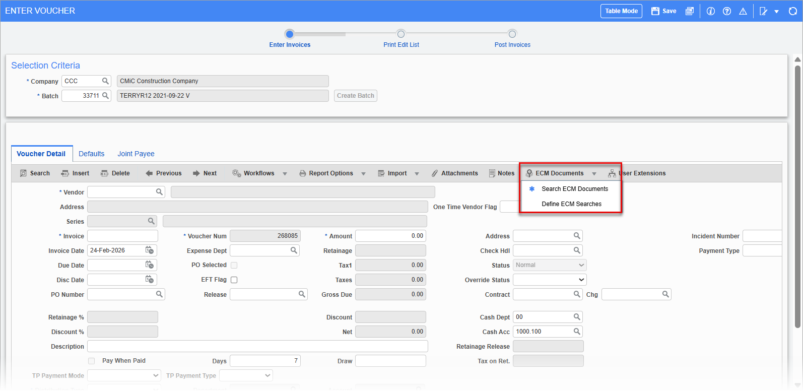 Screenshot of the ECM Documents button on the Enter Voucher screen