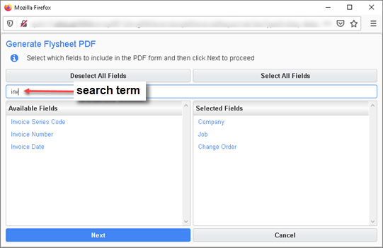 Search for fields in the Generate Fillable PDF pop-up window