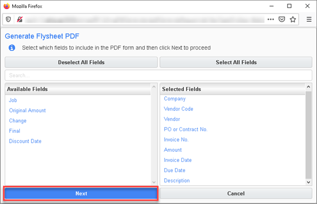 Selecting fields in the Generate Fillable PDF pop-up window