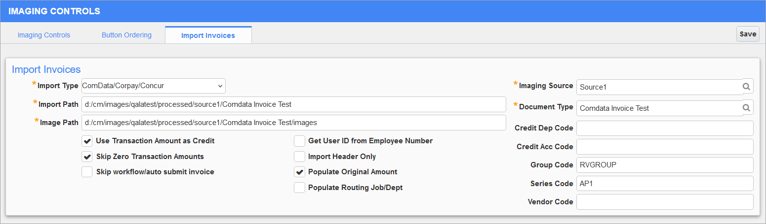 Sample of the Import Invoices tab of Imaging Control
