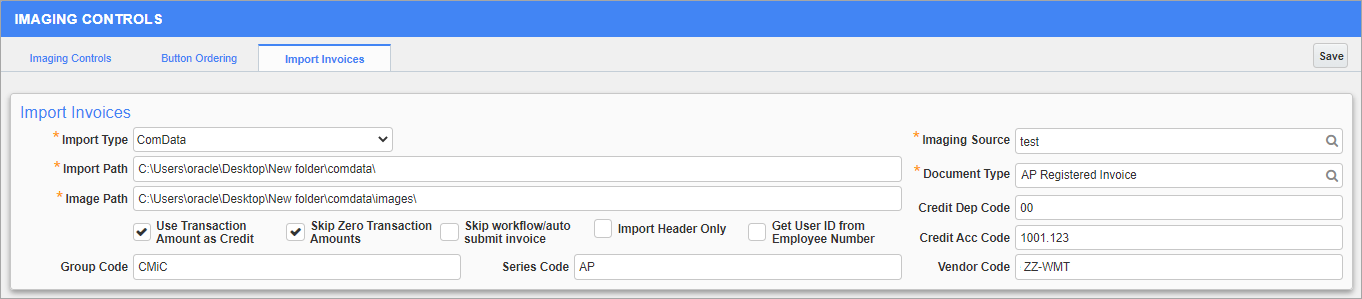 Imaging Controls - Import Invoices Tab