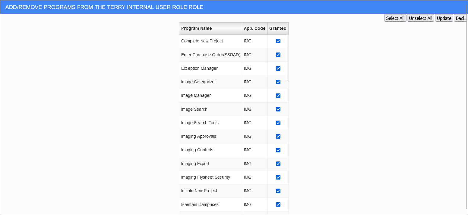 Sample of the Assign Programs screen in the Security Role Maintenance screen for Imaging