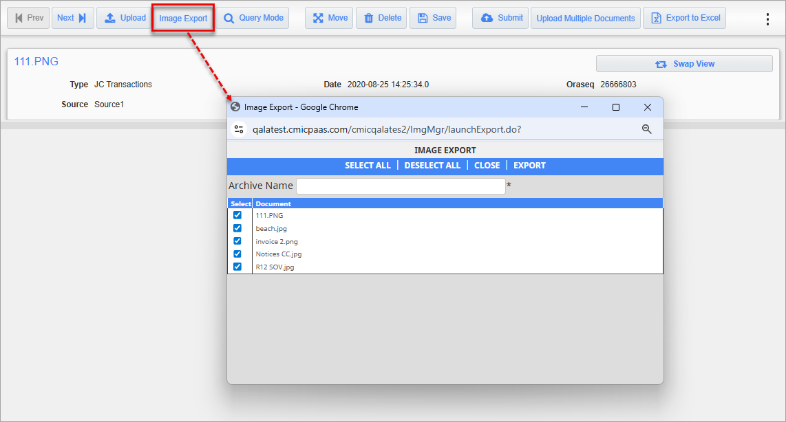 Screenshot of the Image Export button in Query Mode of Image Manager