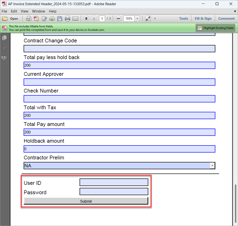 Sample of the Username and Password fields in the Fillable PDF