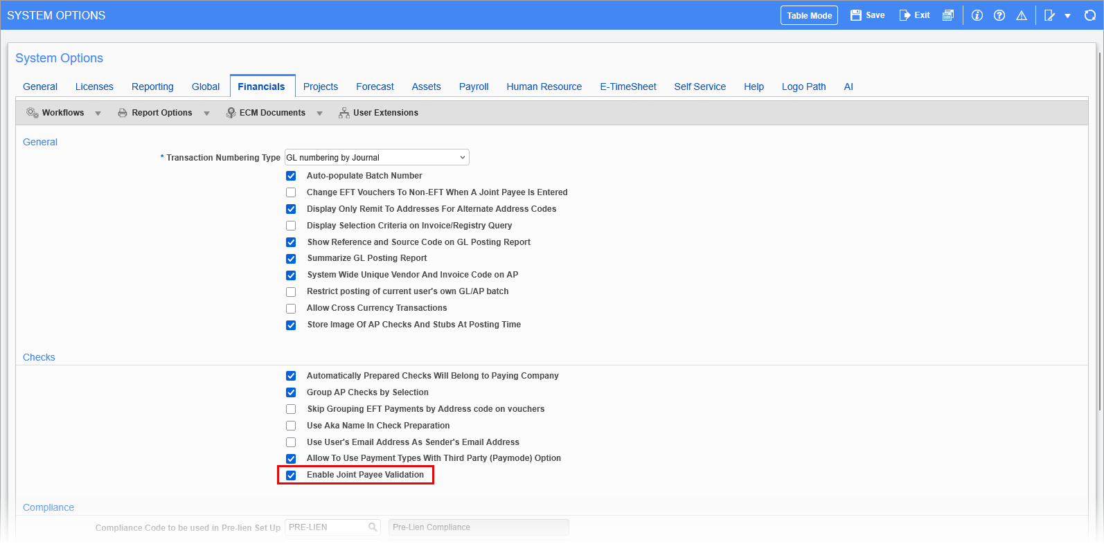 Screenshot of the Enable Joint Payee Validation box in the System Options screen