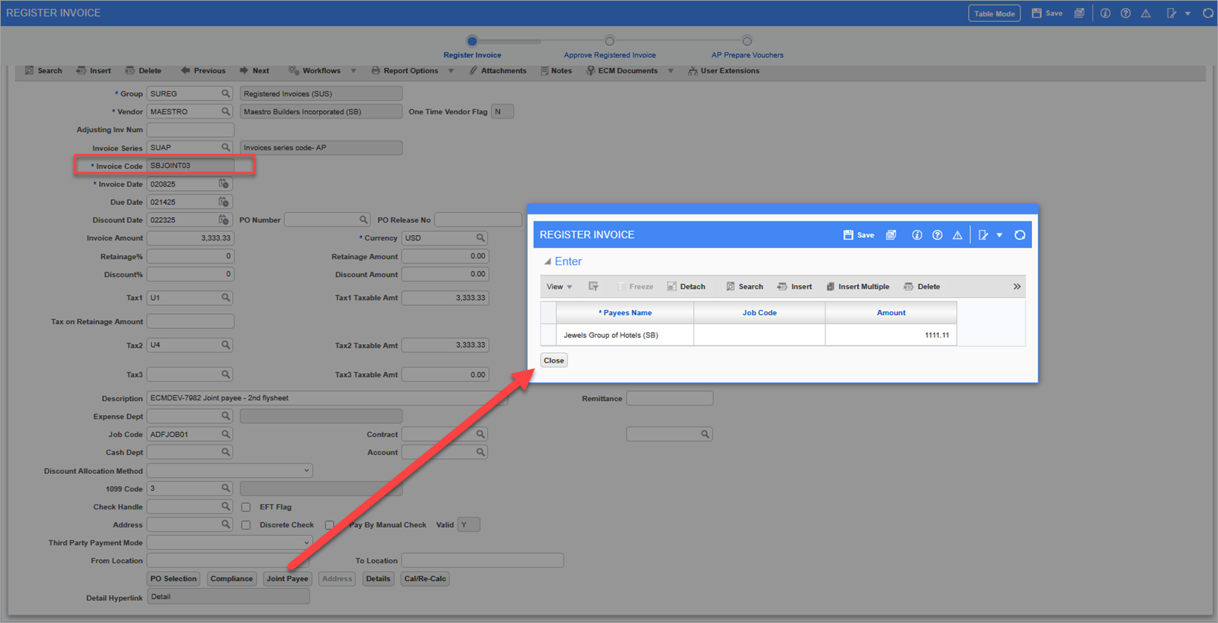 Screenshot of the Joint Payee pop-up in the Register Invoice screen