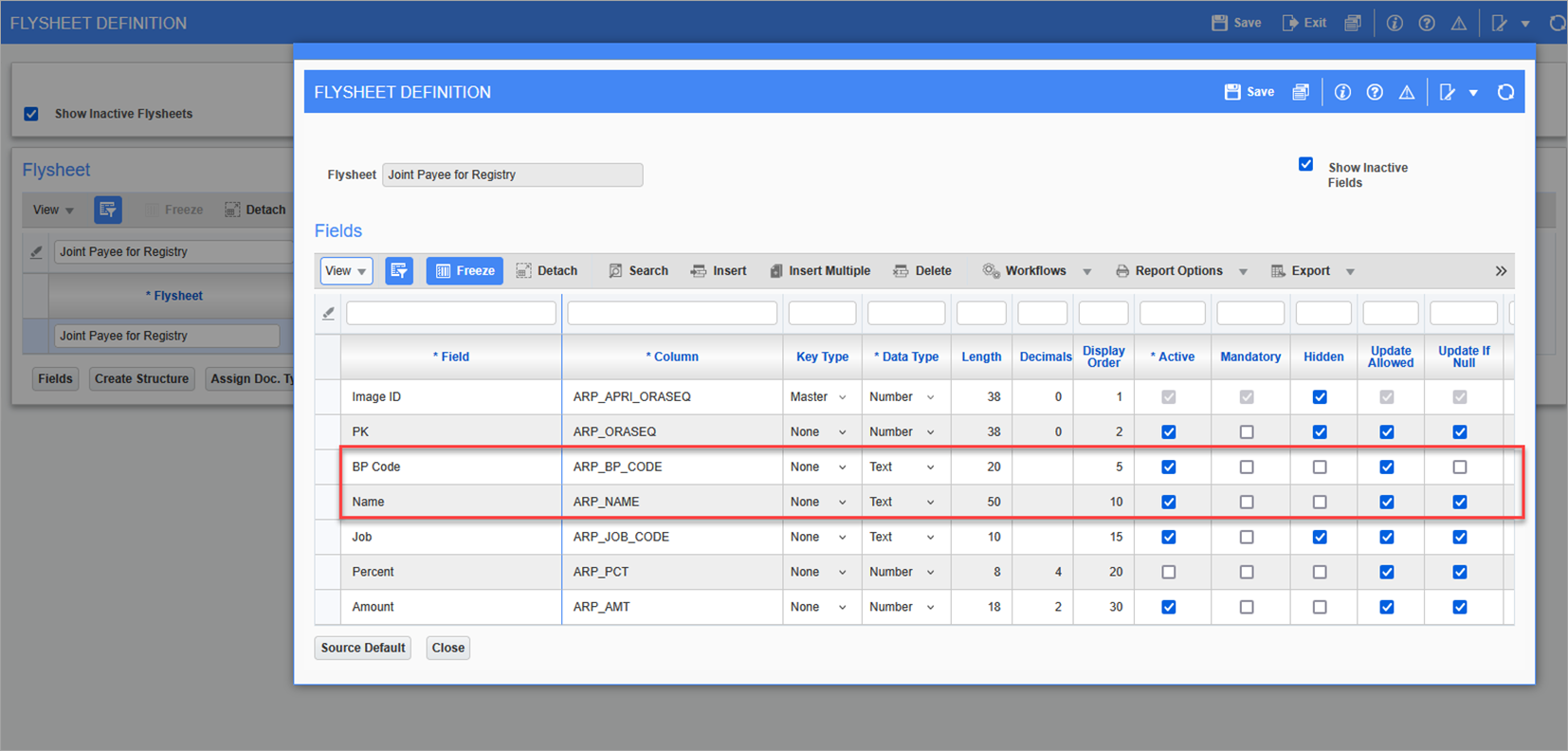 Screenshot of the Flysheet Definition screen set up