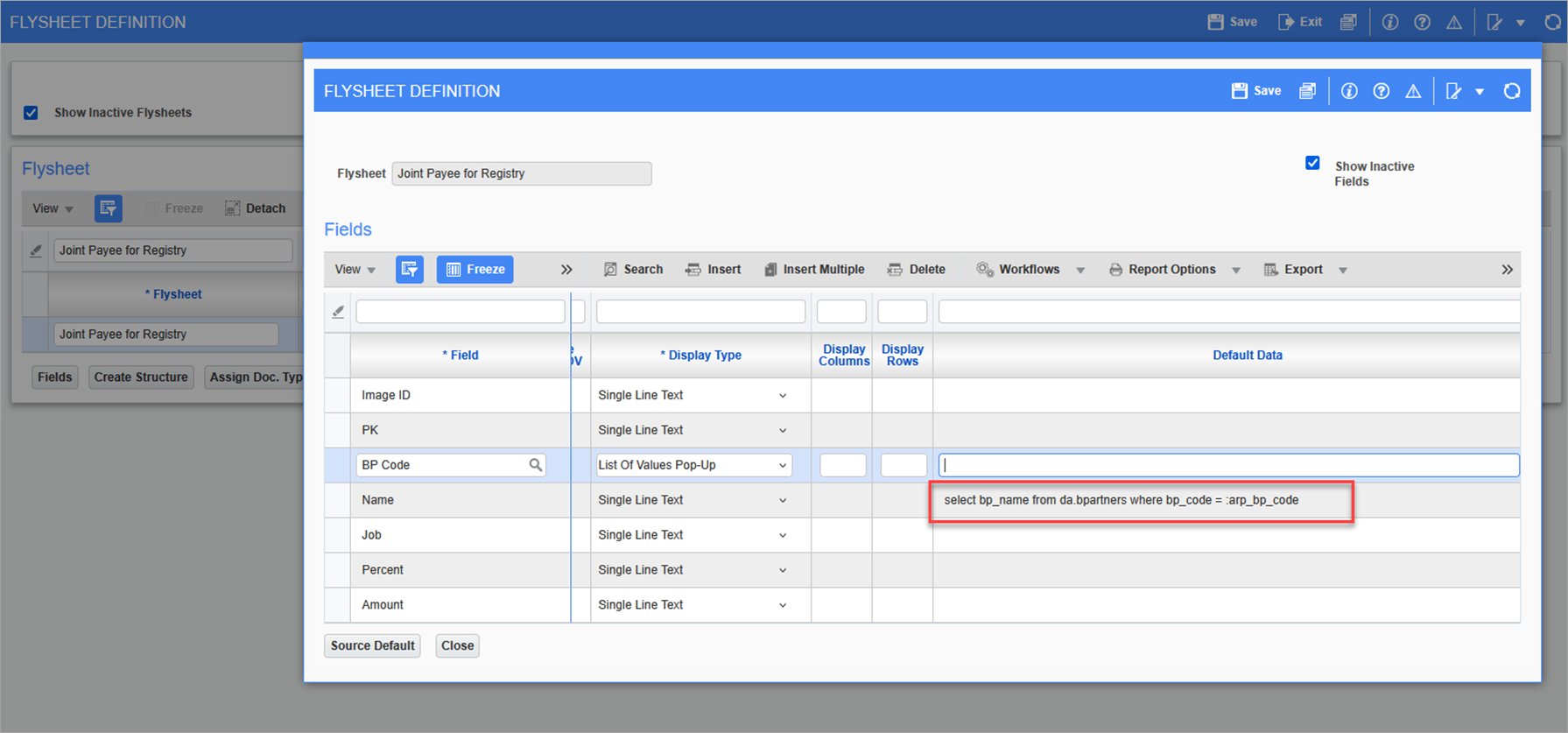 Screenshot of the Default Data column set up in the Flysheet Definition