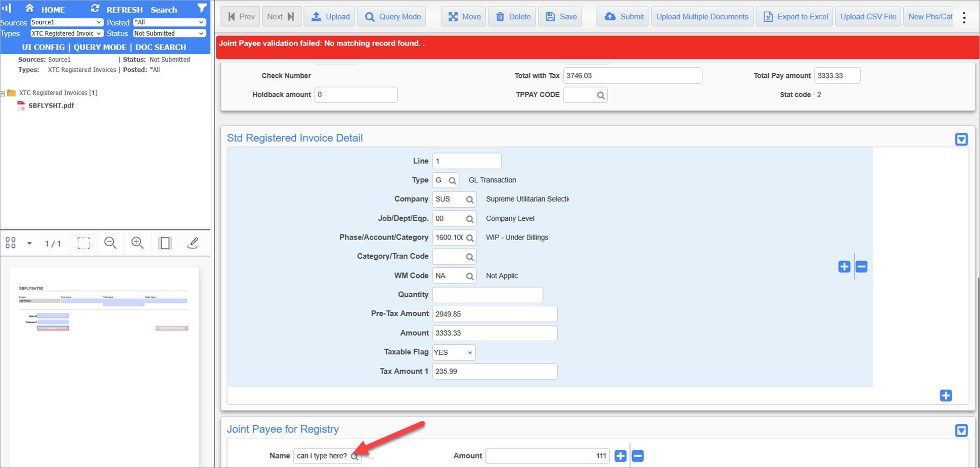 Screenshot of the Joint Payee validation message
