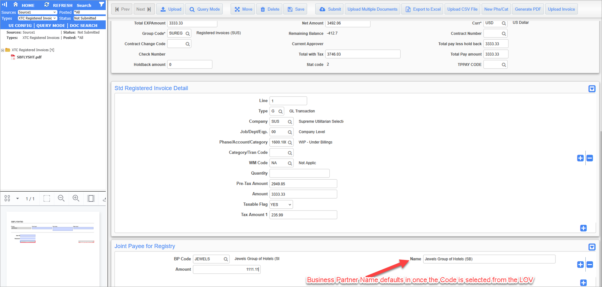 Screenshot of the Business Partner Name field