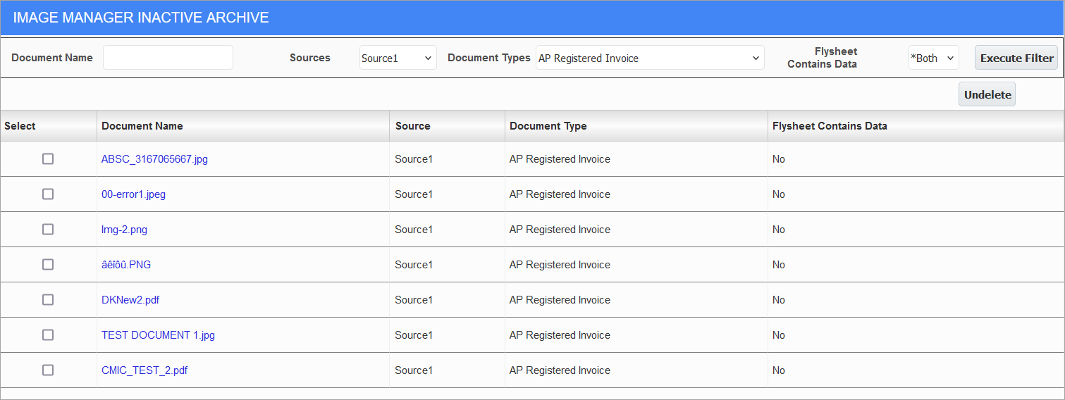 Sample of the Image Manager Inactive Archive screen