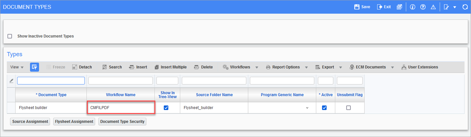 Document Type setup for the workflow name