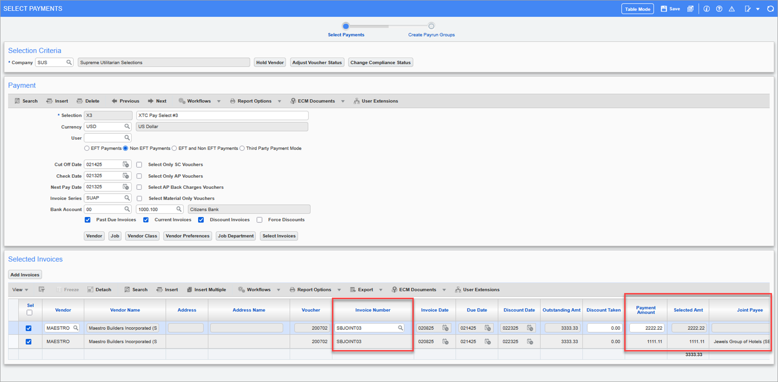 Screenshot of the Select Payments screen