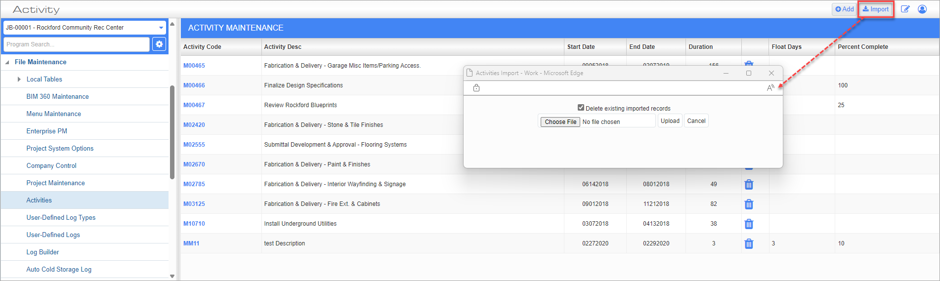 Screenshot of Activity Maintenance with Activities Import pop-up launched from [Import] button.