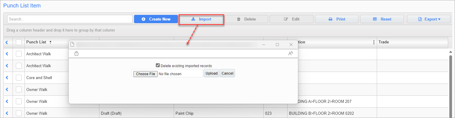 Screenshot of Punch List Item with Import pop-up launched from [Import] button.