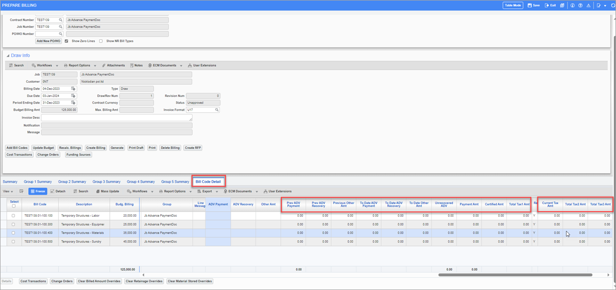 Advance Payment fields in Bill Code Detail Tab of GC Prepare Billing