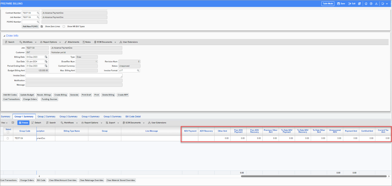 Advance Payment fields in Group Summary Tab of GC Prepare Billing