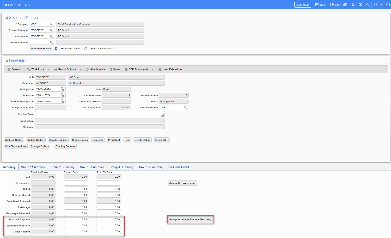 Advance Payment fields in Summary Tab of GC Prepare Billing