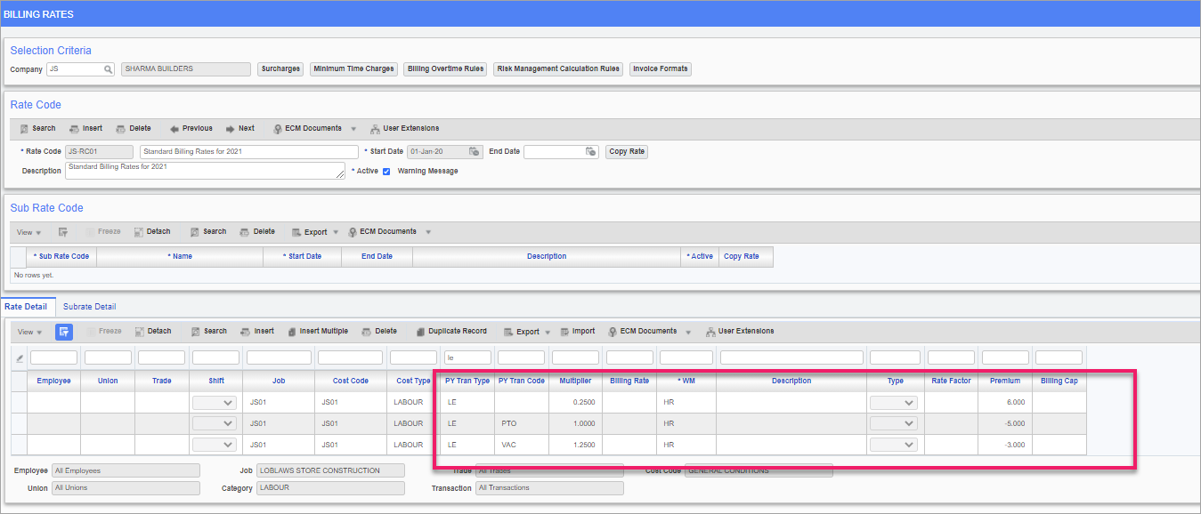 Job Billing - Setting Up Bill Rate For Individual Other Hour Codes