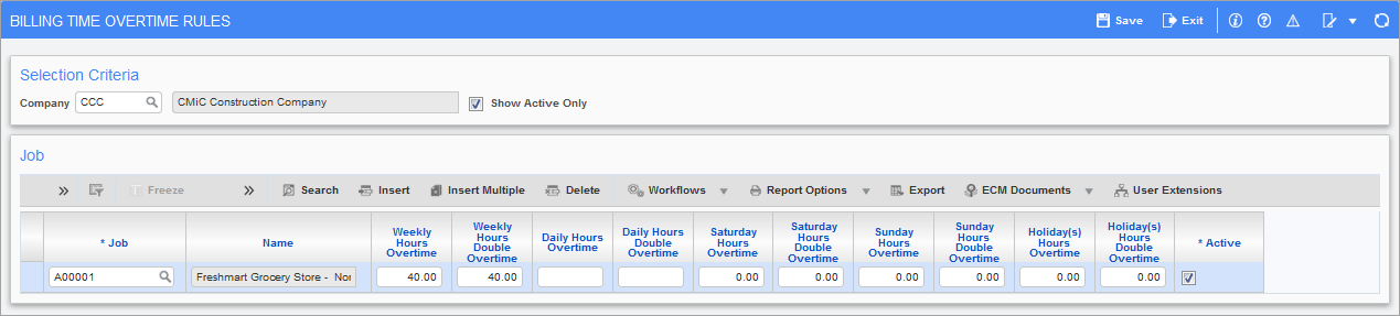 Sample of the Billing Time Overtime Rules screen
