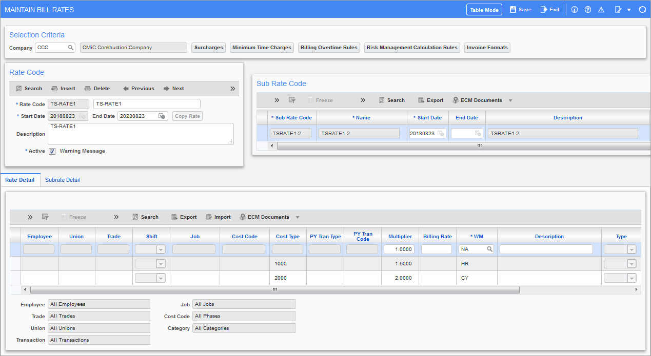 Sample of the Maintain Bill Rates screen