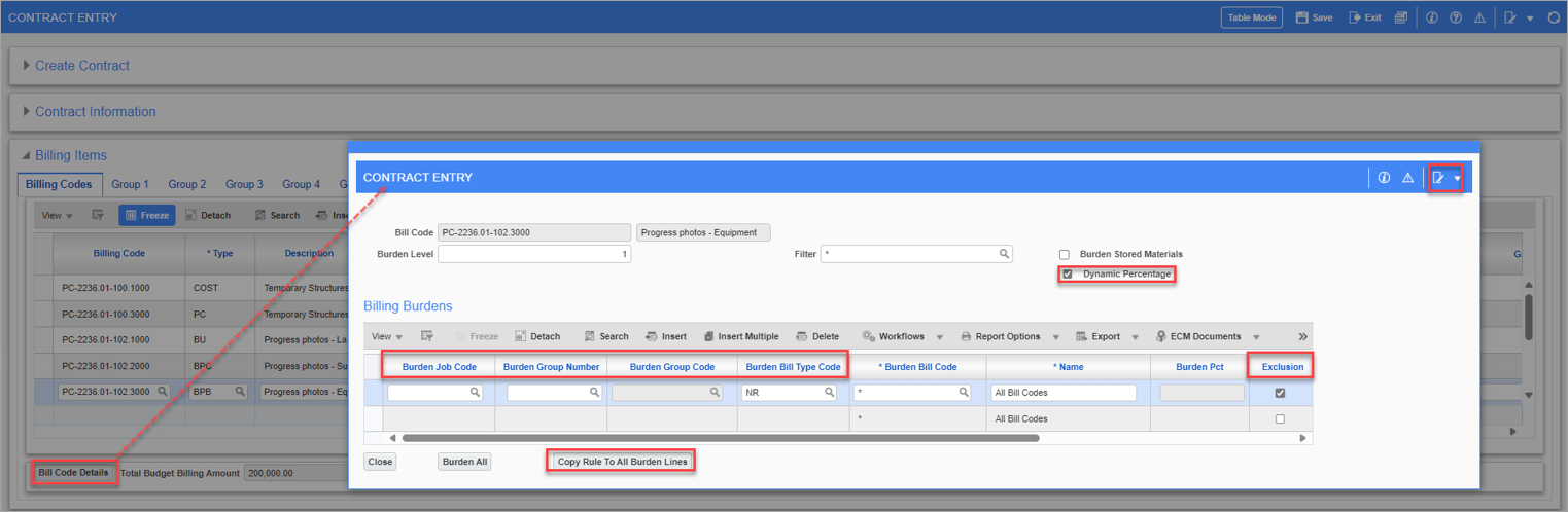 Sample of the Billing Burdens pop-up window on the Contract Entry screen