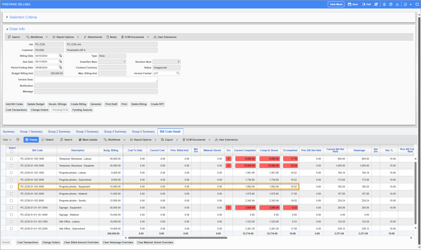 Sample of the Completed and Stored Amount of PC-2236.01-102.3000