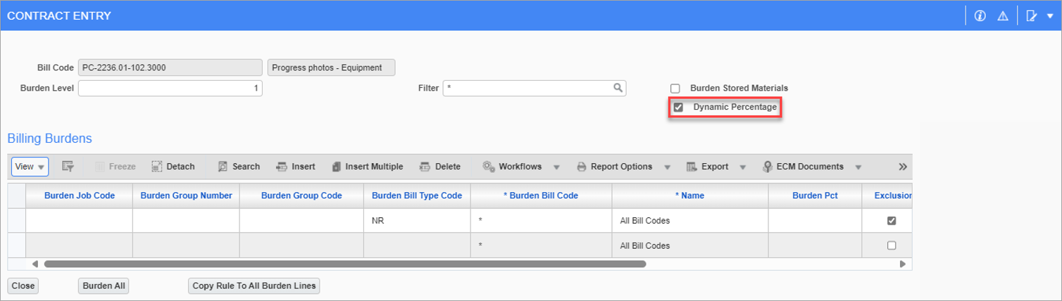 Sample of the Dynamic Percentage checkbox in the Burden Billings Detail pop-up window