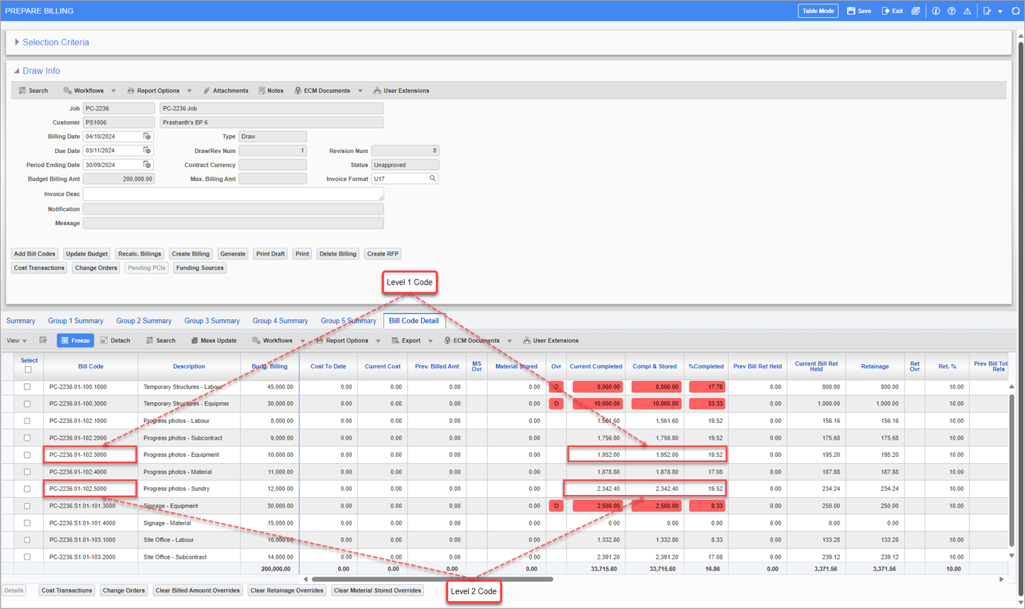 Sampe of the % Completed calculations in the G/C Prepare Billing (JBBILL2) screen