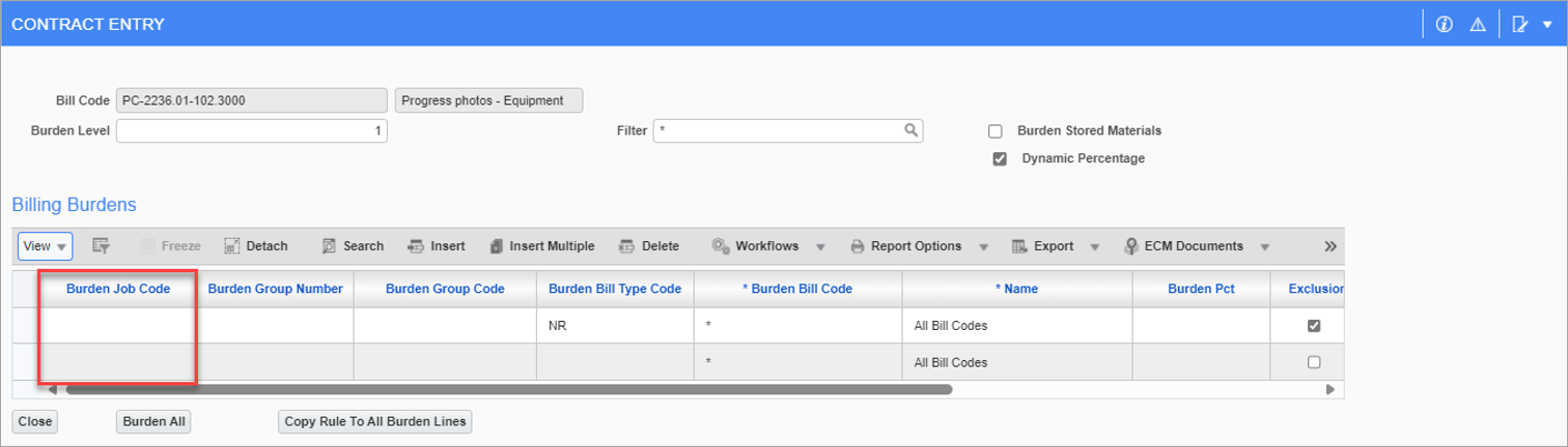 Sample of the Burden Job Code column in the Burden Billing Details pop-up window