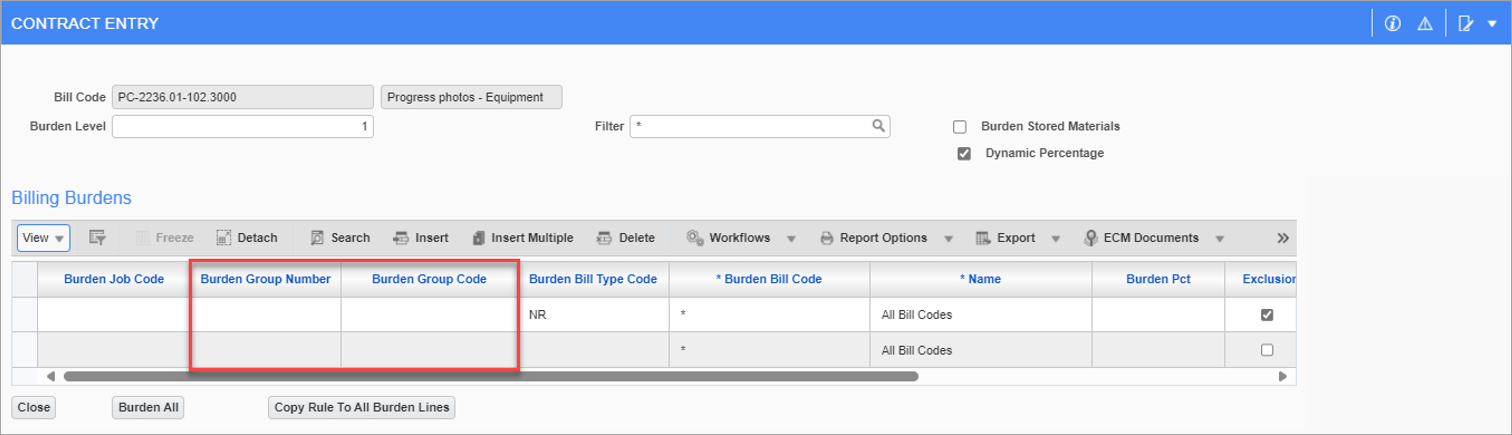 Sample of the Burden Group Number and Burden Group Code columns in the Burden Billing Details pop-up window