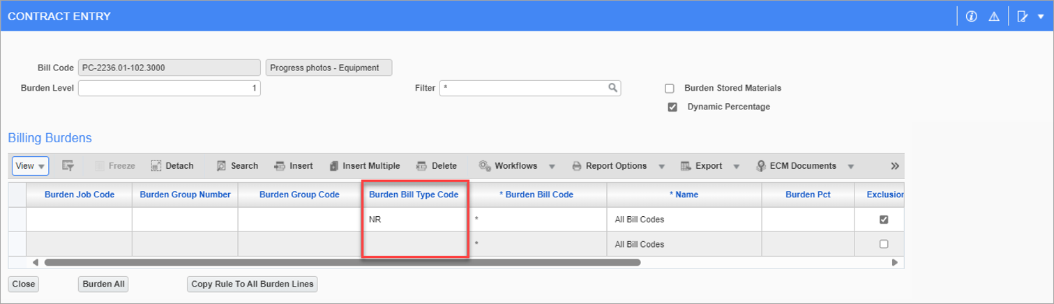 Sample of the Burden Bill Type Code column in the Burden Billing Details pop-up window