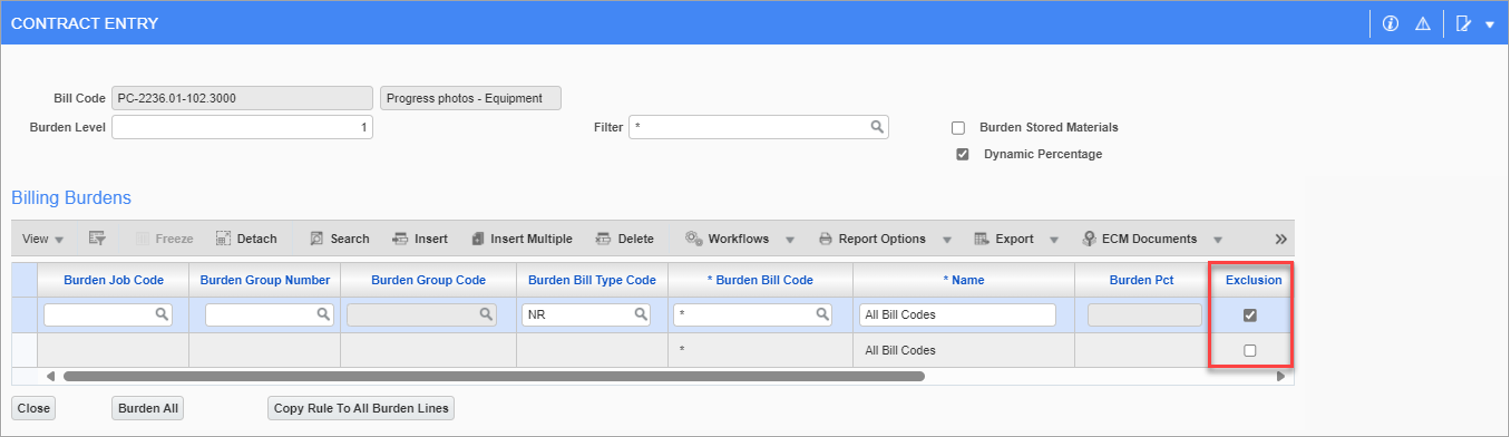 Sample of the Exclusion checkbox in the Burden Billing Details pop-up window