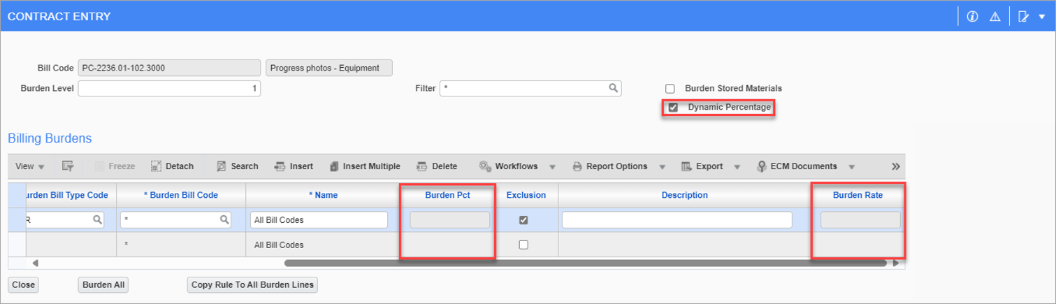 Sample of the Burden Percentage and Burden Rate columns in the Burden Billing Details pop-up window