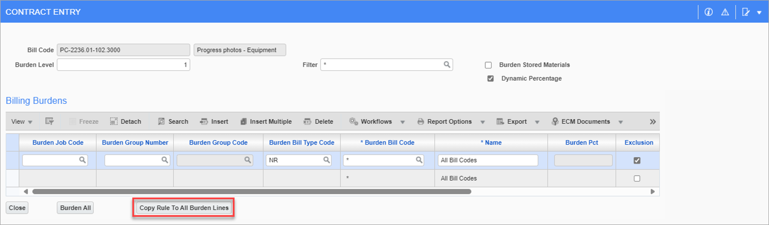 Sample of the Copy Rule to All Burden Lines button in the Burden Billing Details pop-up window
