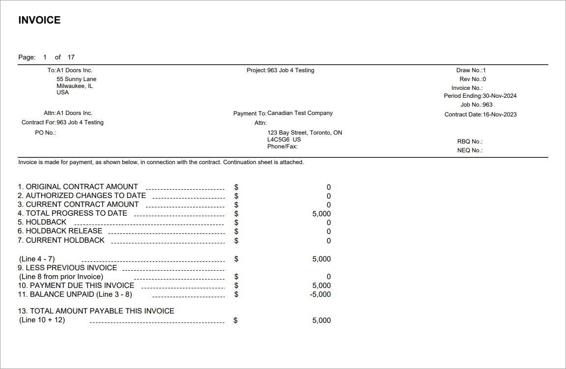 Job Billing - C11 - Canadian Invoice with Change Order Listing